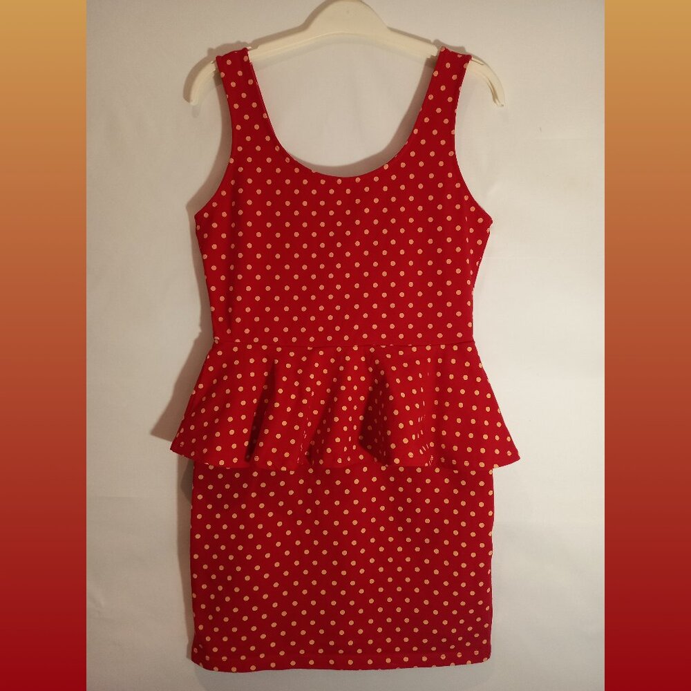 Forever 21 Red with Yellow Polka Dot Bodycon Peplum Tank Top Dress Size Large